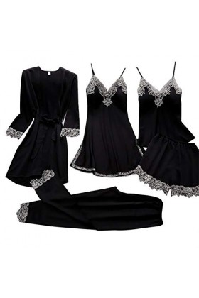 Ncenglings Fond De Robe Longue Lingerie Femmes sous-vêtements col en V Profond 5 pièces Robes jarretière Body Sexy Ensemble D