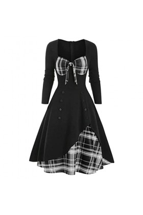 Mini Robe Rose Femmes Sexy Vintage Casual Plaid Imprimer Robe Gothique Taille Contraste Épissage Double Breasted Swing Dress 