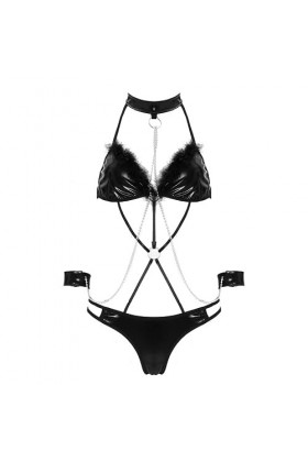 SHANHE Femmes Dentelle-up Bretelles Body Sexy Lingerie Ensemble Halter Plume Garniture En Cuir Verni Chaîne En Métal Décor Ju