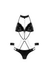 SHANHE Femmes Dentelle-up Bretelles Body Sexy Lingerie Ensemble Halter Plume Garniture En Cuir Verni Chaîne En Métal Décor Ju