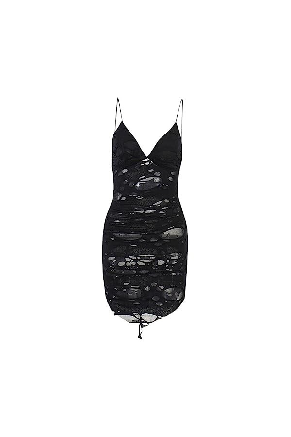 SHANHE 2023 Gothique Trou Robe Sexy Tattered Y2K Grunge Bodycone Sexy Col en V Découpe Mini Robes Noires Femme Mode Partywear