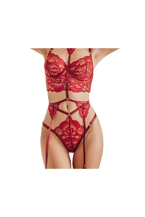 CorsetSexy Deep V Crop Top Chaussettes Maid Lingerie érotique Trois pièces, Rouge, 3XL
