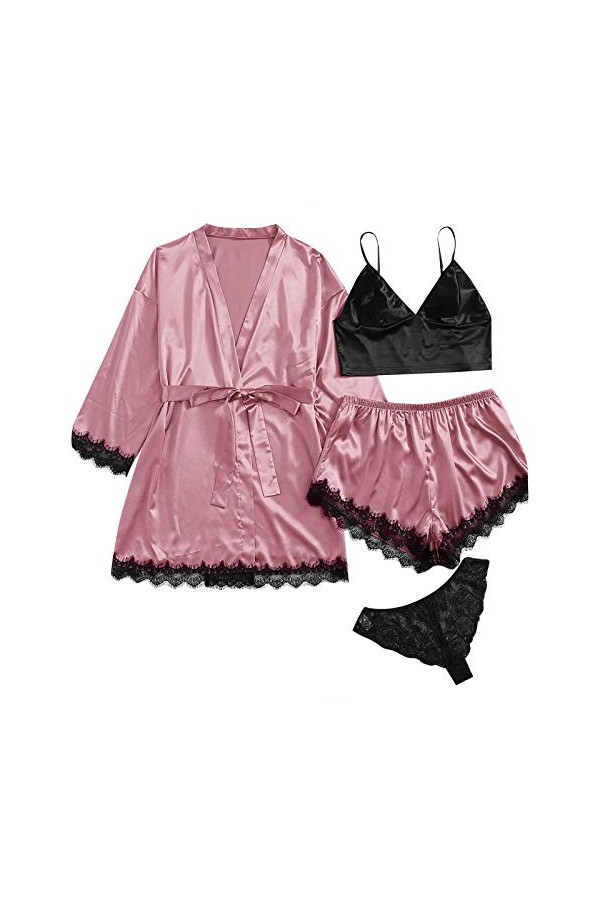 Lot de 4 vêtements de nuit dhiver pour femme en coton avec porte-jarretelles et dentelle, Rose, M