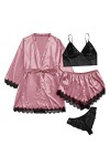 Lot de 4 vêtements de nuit dhiver pour femme en coton avec porte-jarretelles et dentelle, Rose, M