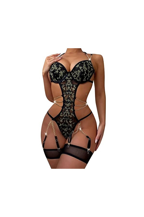 Fulidngzg Body sexy pour femme - Érotique - Entrejambe ouvert - Nuisette ouverte - Sous-vêtements sexy - Tenue moulante SM - 