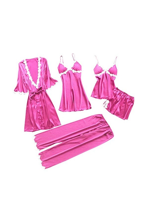 Lot de 5 pyjamas avec col en V et porte-jarretelles - En dentelle - Cadeau pour femme, Rose, M