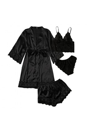 Pyjama 4 pièces pour femme - Couleur unie - Sexy - Col rond - Chemise de nuit pour la Saint-Valentin - Robe de nuit - T-shirt