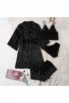 Pyjama 4 pièces pour femme - Couleur unie - Sexy - Col rond - Chemise de nuit pour la Saint-Valentin - Robe de nuit - T-shirt