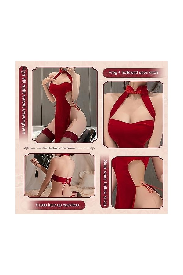 HUANKA Sexy Anime Lingerie Bandage Temptation Side Slit Chinese Qipao Traditional Dress for Women Retro Velvet Cheongsam Nigh