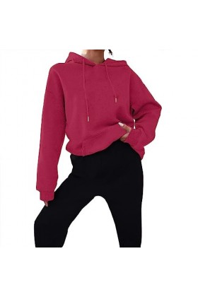 Sweat à capuche à manches longues pour femme - Col rond - Tenue 2 pièces - Tenue décontractée - Couleur unie - Col rond - Com