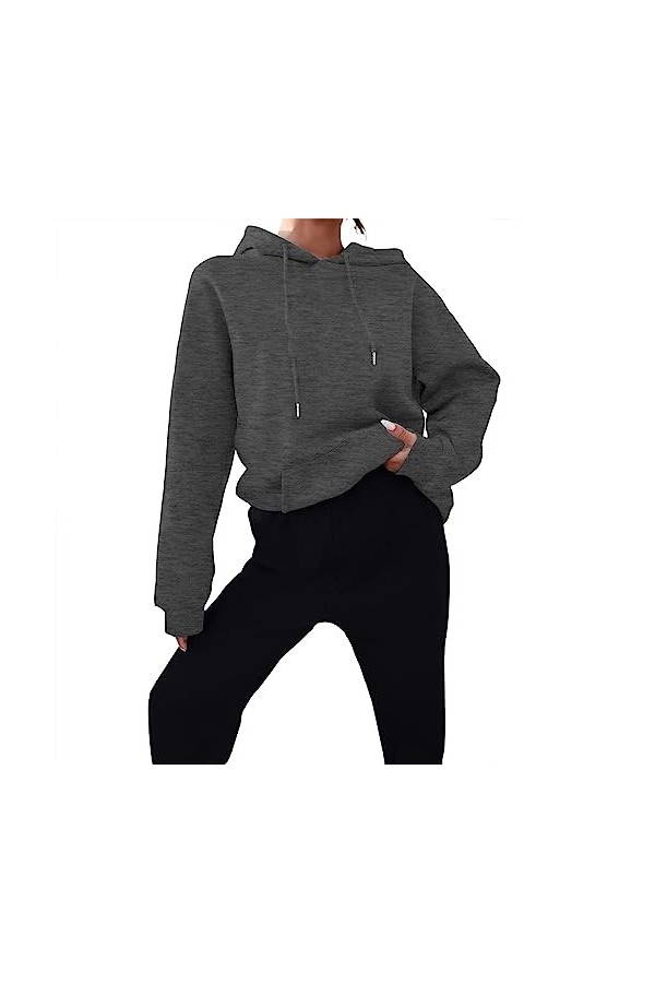 Sweat à capuche à manches longues pour femme - Col rond - Tenue 2 pièces - Tenue décontractée - Couleur unie - Col rond - Com
