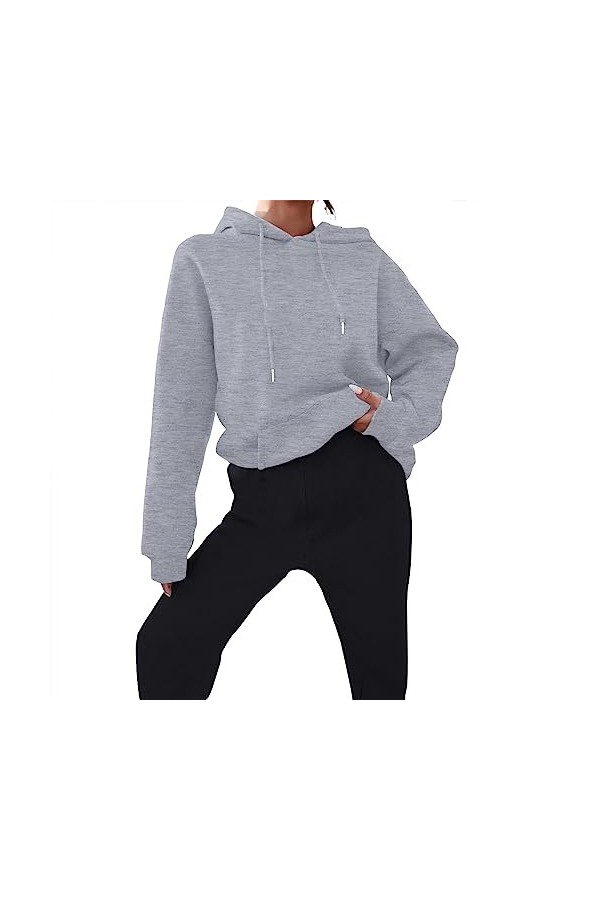 Sweat à capuche à manches longues pour femme - Col rond - Tenue 2 pièces - Tenue décontractée - Couleur unie - Col rond - Com