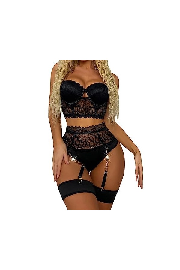 Ensemble de Lingerie Sexy Grande Taille 3 pièces Chaîne de Lingerie Sexy Soutien-Gorge Rembourré Triangle Dentelle Broderie L
