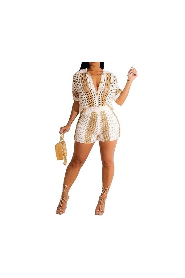 Bestgift Costume deux pièces sexy en tricot à revers pour femme, Noir, XL