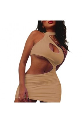 SHANHE Femmes Sexy Découpe Mini Robe Couleur Unie sans Manches Cordon Plissé Moulante Courte Robe Crayon Dété Streetwear-Aub