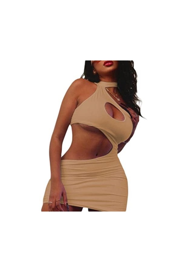 SHANHE Femmes Sexy Découpe Mini Robe Couleur Unie sans Manches Cordon Plissé Moulante Courte Robe Crayon Dété Streetwear-Aub