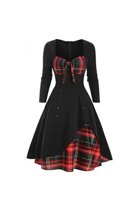 Mini Robe Rose Femmes Sexy Vintage Casual Plaid Imprimer Robe Gothique Taille Contraste Épissage Double Breasted Swing Dress 