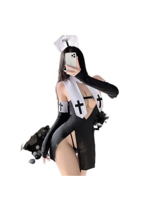 Nonnes Cosplay Outfit Dentelle Sexy Nonne Japonaise Uniforme Évider Robe Bandage Discothèque Partie Infirmière Jeu De Rôle Co