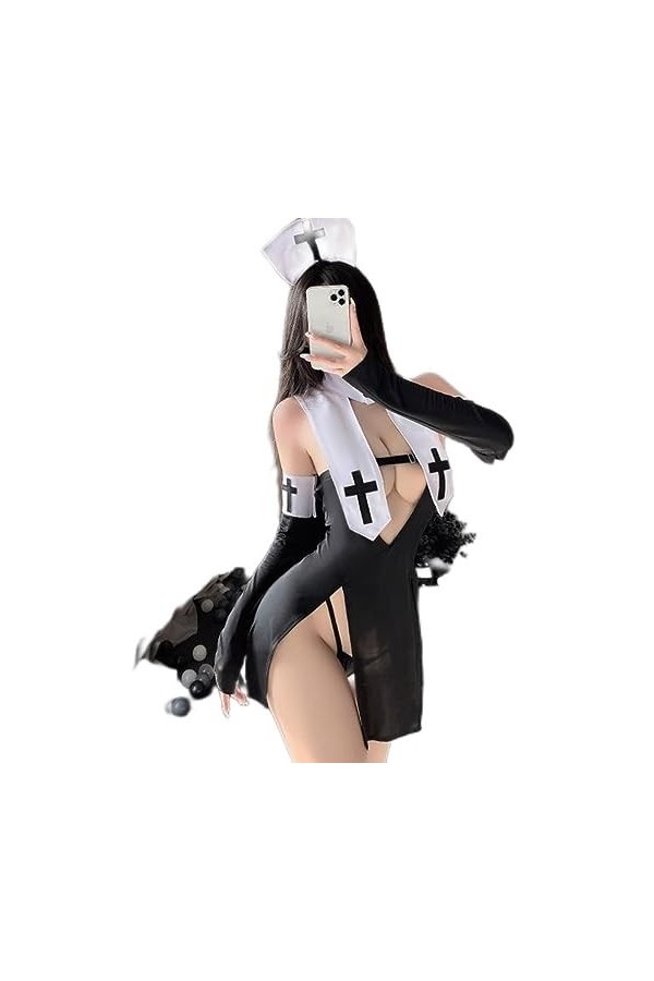Nonnes Cosplay Outfit Dentelle Sexy Nonne Japonaise Uniforme Évider Robe Bandage Discothèque Partie Infirmière Jeu De Rôle Co