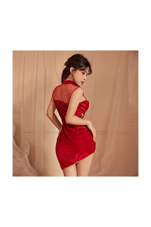 Temptshow Lingerie chinoise sexy Cheongsam rétro col montant boucle anime cosplay traditionnel chinois pyjama, bordeaux, tail