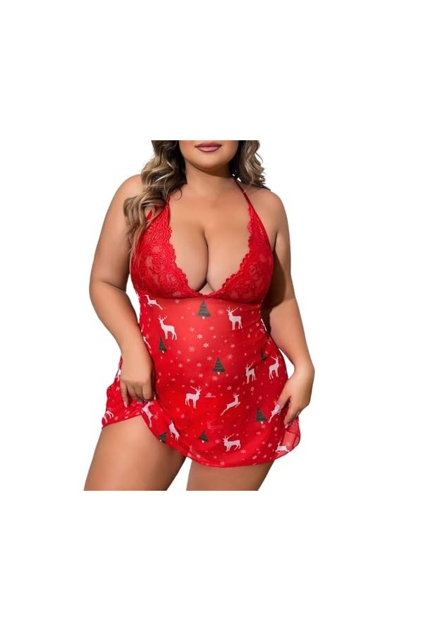 Fulidngzg Costumes érotiques pour femme - Jolie robe de Noël rouge - XXL - Robe de Noël - Tenue érotique - Lingerie - Babydol