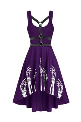 Goth Ceinture Crâne Imprimer Sexy Corsets sans Manches Robe Midi Foncé Garniture Femmes Grunge E-Girl Cosplay Robe Chic Robes