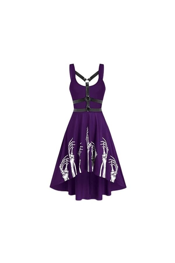 Goth Ceinture Crâne Imprimer Sexy Corsets sans Manches Robe Midi Foncé Garniture Femmes Grunge E-Girl Cosplay Robe Chic Robes