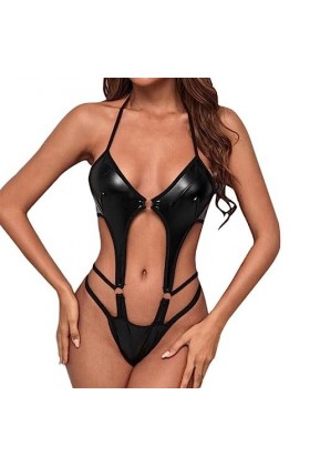 mingxinshangdian Body Sexy en Cuir Femme Sexy Costume Body Brillant Bande Dos Nu Ours en Peluche Corps-Noir,XXL