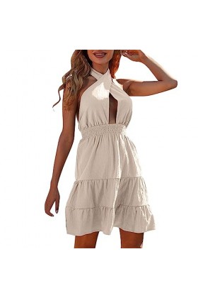 VIRACIN Vestido plisado Con Cuello Halter Para Mujer, Vestido Informal liso suelto Sexy de Verano Para Mujer Robe Fleurs A, 