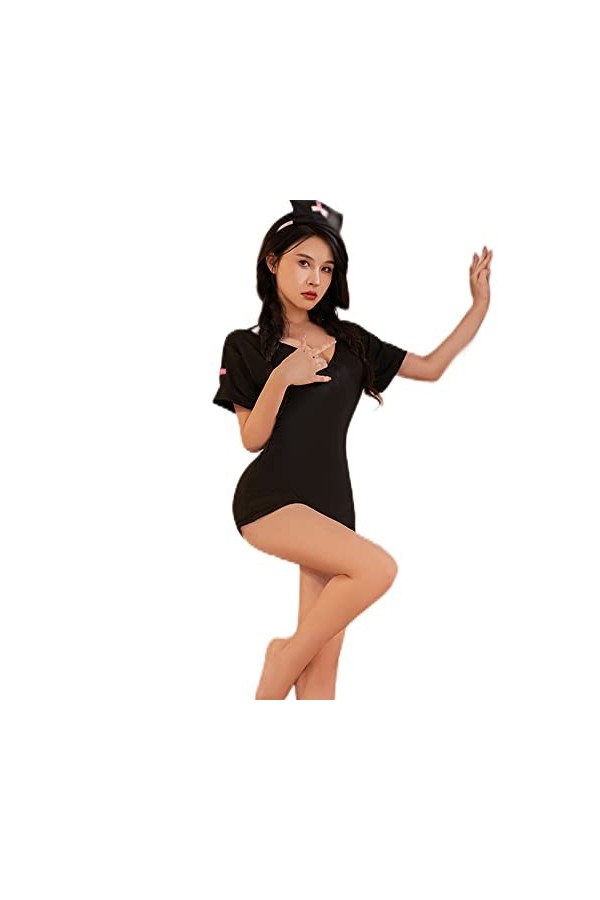 Costume sexy pour femme - Tenue dinfirmière japonaise - Bretelles coquines - Combinaison sans manches - Noir 1