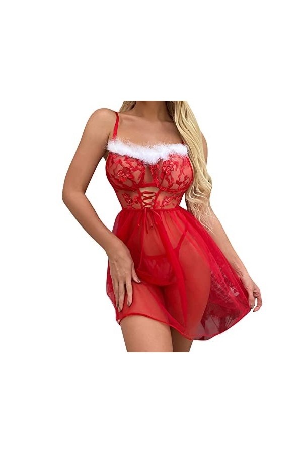 Fulidngzg Costume de Père Noël pour femme - Robe érotique extrême - Rouge XXL - Tenue sexuelle - Robe de Noël - Nouvel An - R
