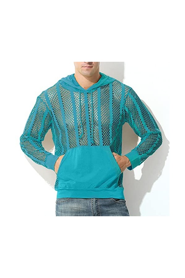 Male Sexy Party Hollow Mesh Hoodies Solide Manches Longues Poche À Capuche Blouse Sweats Capuche avec Fermeture Éclair Blue,