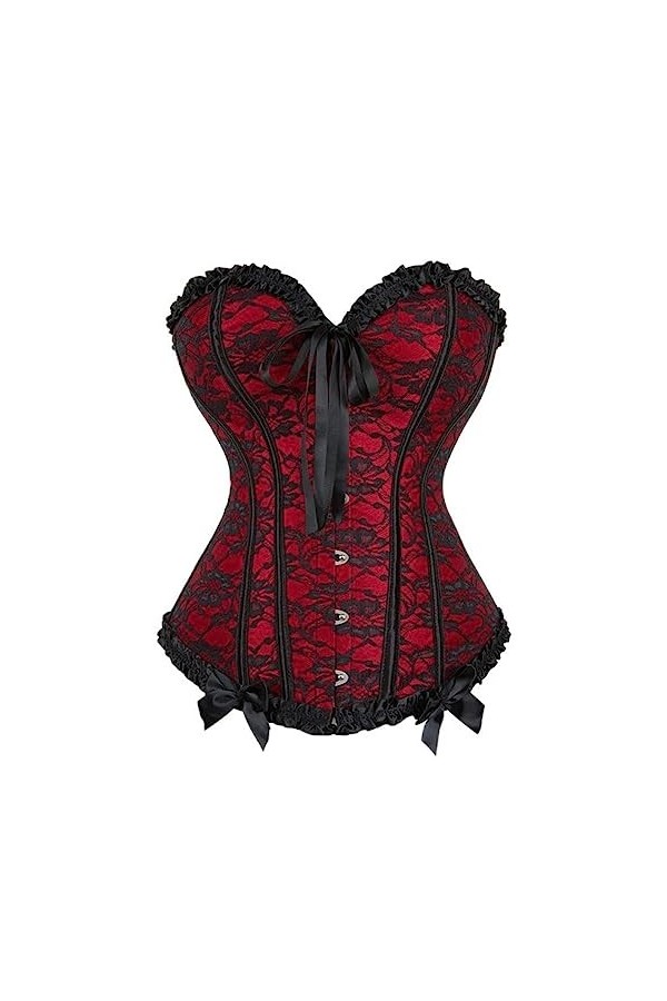 WEITING Femme Lingerie Basques Corselet Bustier Floral Lace Overbust Corset Plus Size-Red,L