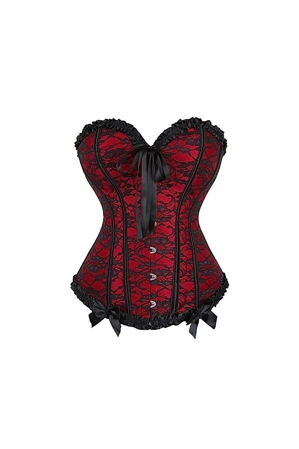 WEITING Femme Lingerie Basques Corselet Bustier Floral Lace Overbust Corset Plus Size-Red,L