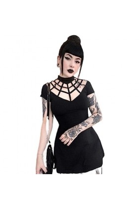 2023 Nouvelle Robe Noire Gothique Femmes Sexy Poitrine Creuse Spider Web Collier Foncé Slim Fit Y2K Rétro Rue Cosplay Robes D