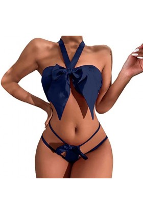 Zshosam Ensemble de lingerie érotique pour femme Sexy Sexy Licol Dentelle Femme Noeud Sexy Satin de Soie Ruffles Pyjamas Sets