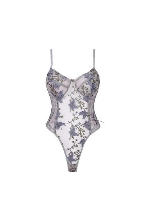 PONNYC Femmes Floral Papillon Broderie Bodysuit See-Through Mesh Backless&nbsp;Dames Lacet-up Sheer Leotard Sexy Lingerie Costume