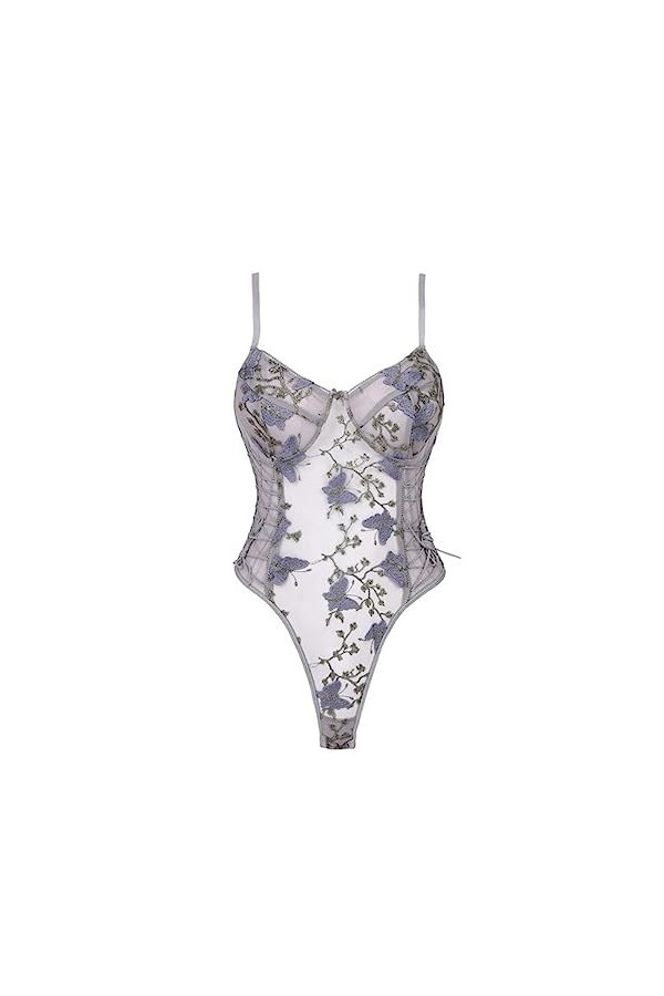 PONNYC Femmes Floral Papillon Broderie Bodysuit See-Through Mesh Backless&nbsp;Dames Lacet-up Sheer Leotard Sexy Lingerie Costume