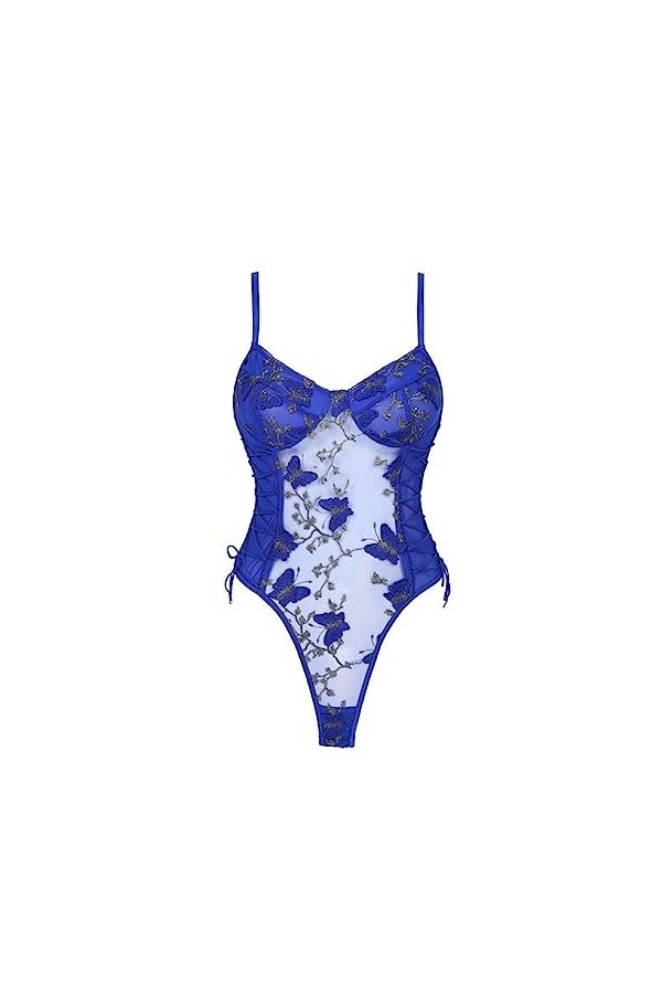 PONNYC Femmes Floral Papillon Broderie Bodysuit See-Through Mesh Backless&nbsp;Dames Lacet-up Sheer Leotard Sexy Lingerie Costume