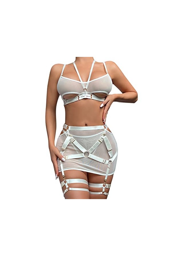 Mode féminine Pure Color Bandage Mesh Splicing sous-vêtements Sexy avec des Anneaux de Jambe sous-vêtements Sexy Lingerie Fém