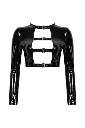 WEITING Femmes Sexy Découpe Avant Top Boucle Chemise Sexy Wet Look en Cuir Verni À Manches Longues Goth Punk Clubwear-Noir,XX