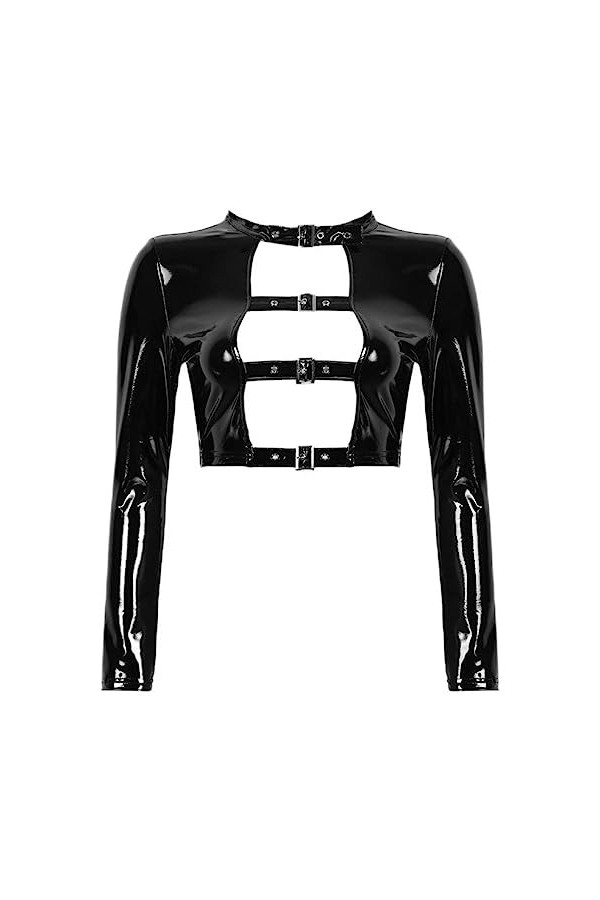 WEITING Femmes Sexy Découpe Avant Top Boucle Chemise Sexy Wet Look en Cuir Verni À Manches Longues Goth Punk Clubwear-Noir,XX