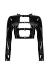 WEITING Femmes Sexy Découpe Avant Top Boucle Chemise Sexy Wet Look en Cuir Verni À Manches Longues Goth Punk Clubwear-Noir,XX