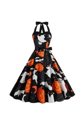 Femmes Halloween Citrouille Imprimé Suspendu Cou Soutien-Gorge Sexy Grande Robe Swing Robe Rétro Robe De Marier Black, M 