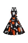 Femmes Halloween Citrouille Imprimé Suspendu Cou Soutien-Gorge Sexy Grande Robe Swing Robe Rétro Robe De Marier Black, M 