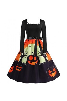 UOWEG Halloween tête de Citrouille Fleur col carré Manches Longues Impression Sexy Grande Robe trapèze Habillé Black, XL 