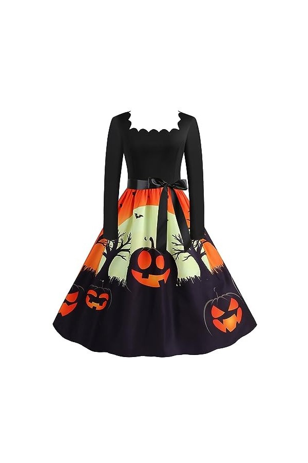 UOWEG Halloween tête de Citrouille Fleur col carré Manches Longues Impression Sexy Grande Robe trapèze Habillé Black, XL 