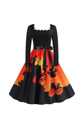 UOWEG Halloween tête de Citrouille Fleur col carré Manches Longues Impression Sexy Grande Robe trapèze Habillé Orange, S 