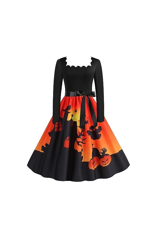 UOWEG Halloween tête de Citrouille Fleur col carré Manches Longues Impression Sexy Grande Robe trapèze Habillé Orange, S 
