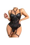 Lingerie Sexy Dentelle Cuir Onesie Femmes Lingerie Fantaisie Latex Onesie Femmes Lace Up Clothes-Black,M